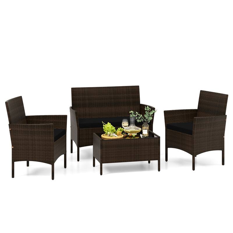 Gymax 4 Piece Patio Rattan Conversation Set Outdoor Wicker Furniture
