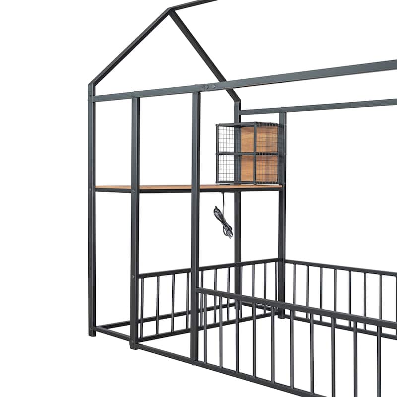 Stylish Twin Metal House Bed with Desk, Shelves, USB Ports, and Power Outlets - Modern Kids Bed