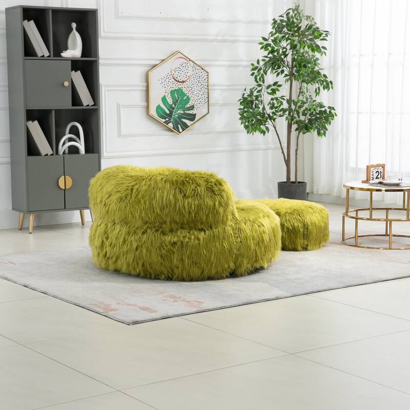 Fluffy Bean Bag Chair with Ottoman, Comfy Bean Bag Lounger for Adults and Kids, Ultra Soft Lazy Sofa Chair with Memory Foam