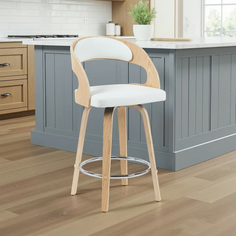 Shelly Mid-Century Swivel Bar Stool, Upholstered Counter Height Chair with Bentwood Legs - White & Oak - Counter Height