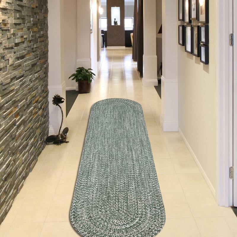 Superior Modern Rustic Bohemian Reversible Multi-Tone Braided Indoor Outdoor Area Rug - 2' x 8' Oval Runner - Lagoon Breeze-White