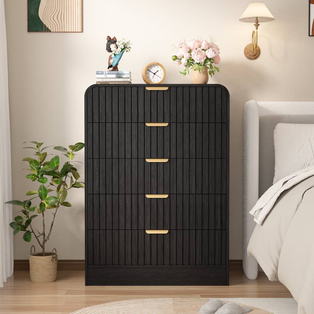 VEIKOUS 5-Drawer Chest of Drawers with Curved Edges & Waveform Fluted Panel Design, Wooden Dresser for Bedroom