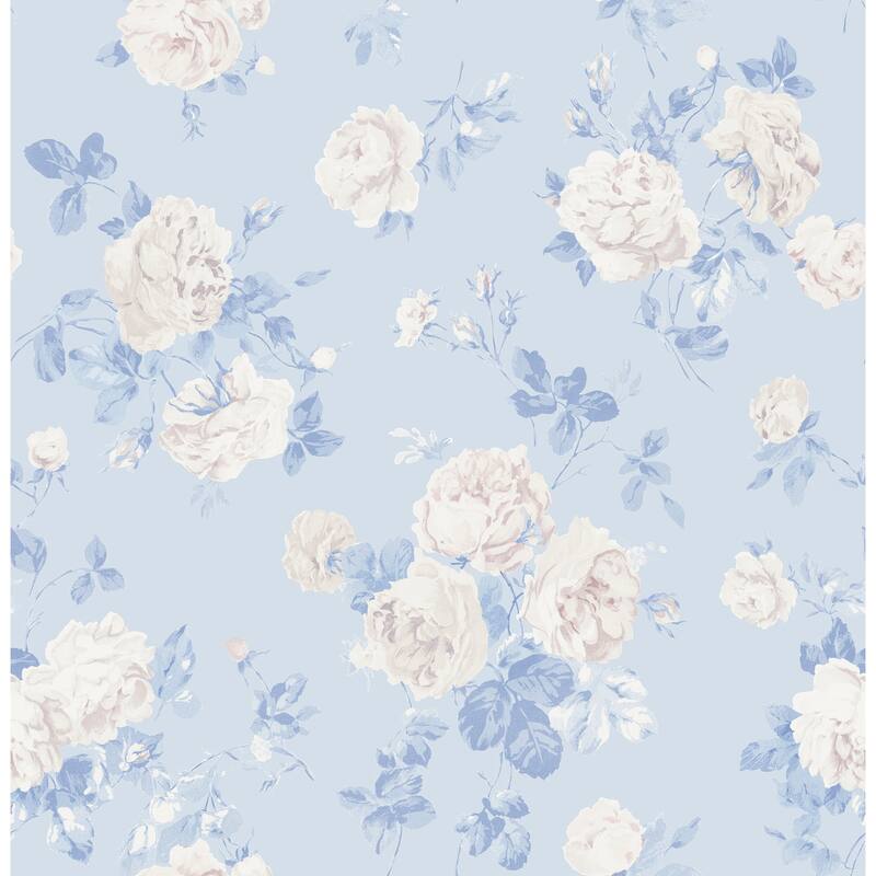 LoveShackFancy NuWallpaper Everblooming Rosettes Whisper Blue Cabbage Rose Bouquets Peel and Stick Wallpaper