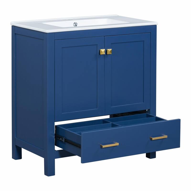36"/30" Bathroom Vanity with Ceramic Sink, Soft-Close Doors, Double Storage Shelves & Divided Drawer