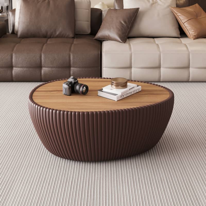 Modern Drum Coffee Table, Goose Egg Shape Coffee Table with Marble Top & Pu Frame, Luxury Center Side Table for Small Space - Coffee