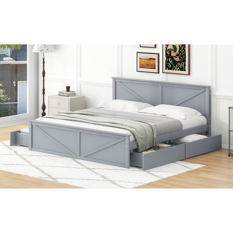 King Size Wooden Platform Bed Frame with Four Storage Drawers and Headboard, No Box Spring Required, Bedroom Furniture