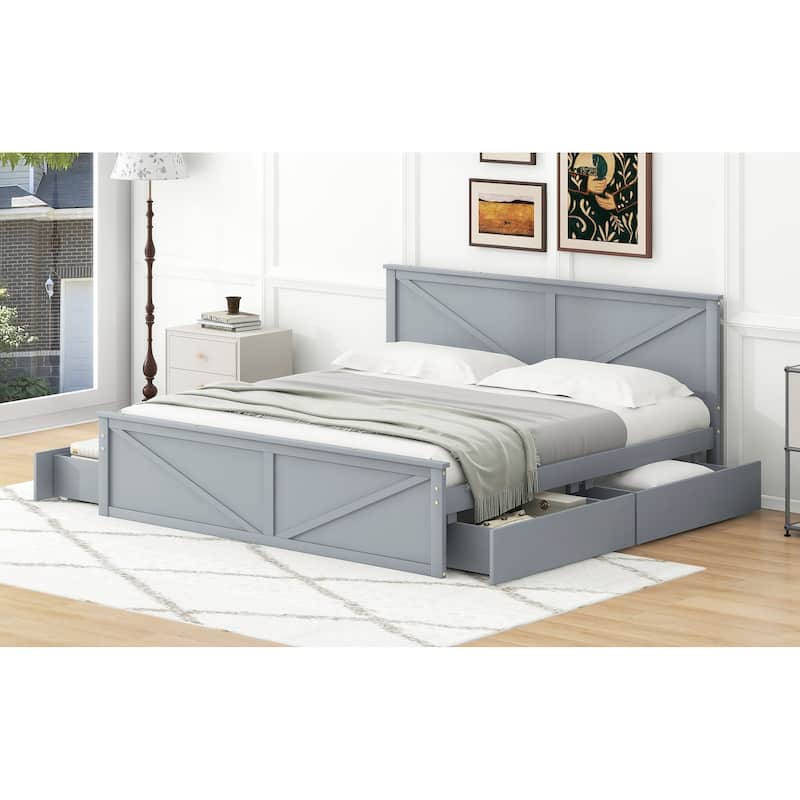 King Size Wooden Platform Bed with Four Storage Drawers and Support Legs, Gray