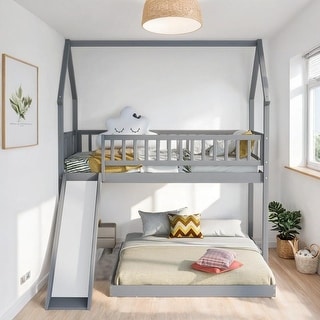 Twin over Full House Bunk Bed with Slide and Built-in Ladder, Full-Length Guardrail, Sturdy Construction & Unique Design