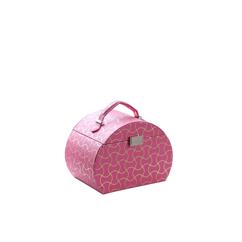 9" Hot Pink And Gold Faux Leather Abstract Scroll Jewelry Box Travel Case With Mirror