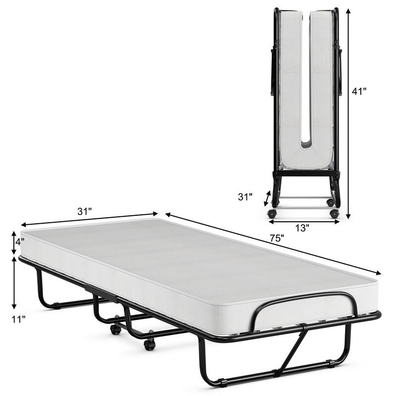 Gymax Rollaway Folding Metal Bed Memory Foam Mattress Cot Guest Made - 31'' x 75''