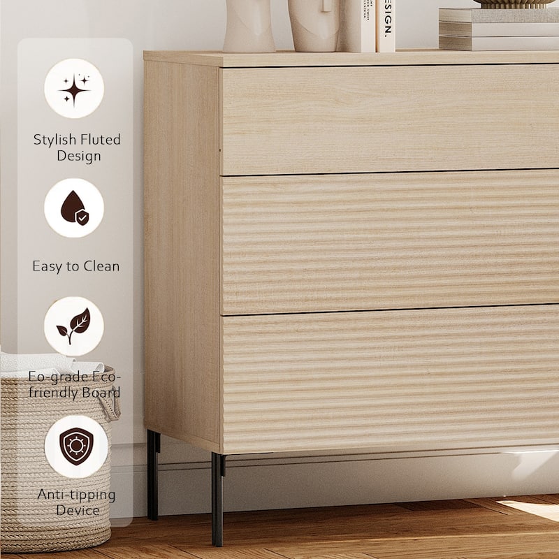 Modern Minimalist Wood Nightstand With 3 Drawers ,31.5" End Table,Reeded Design Bedside Table