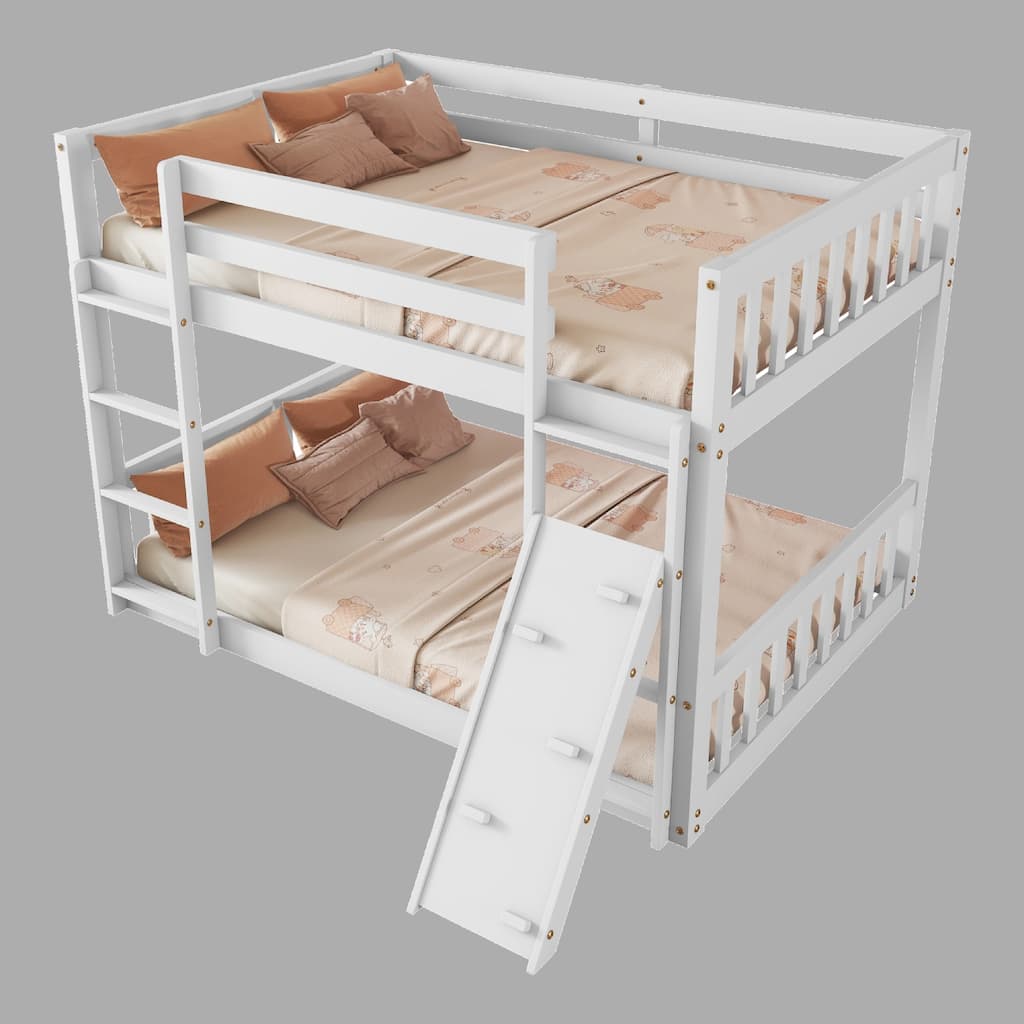 Fun Twin Over Twin Floor Bunk Bed with Climbing Ramp, Ladder, and Playhouse for Kids