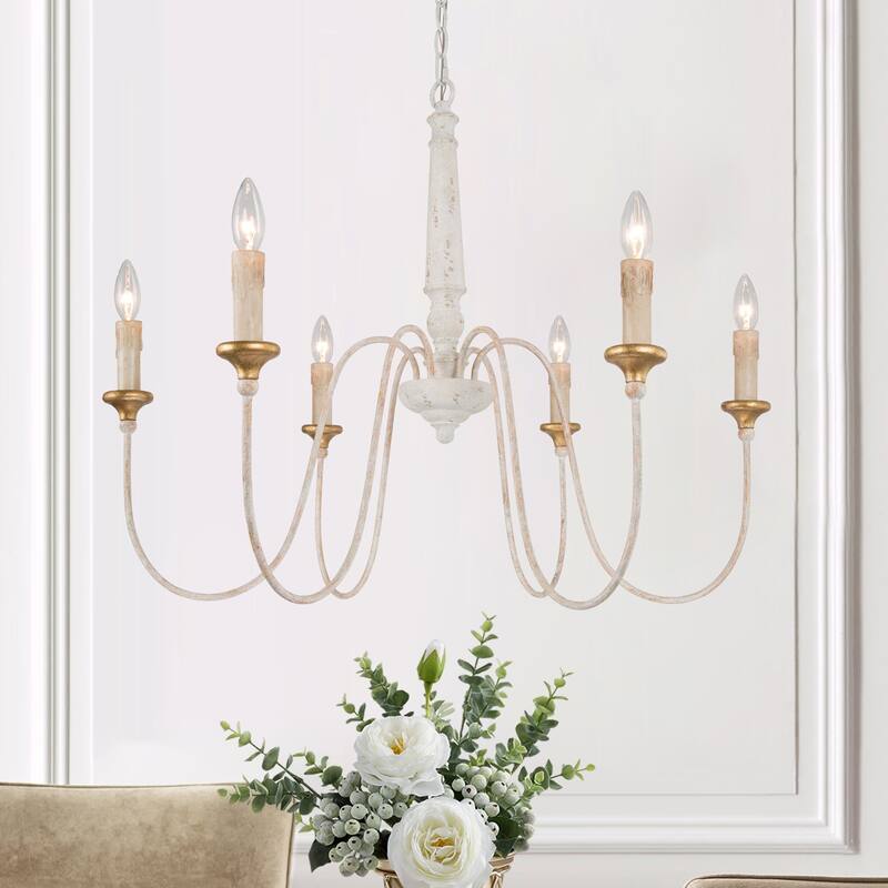 Modern Farmhouse Candle 6-Light Wheel Chandelier Wood French Country Dining Room Lighting - D30.5" x H25.5"