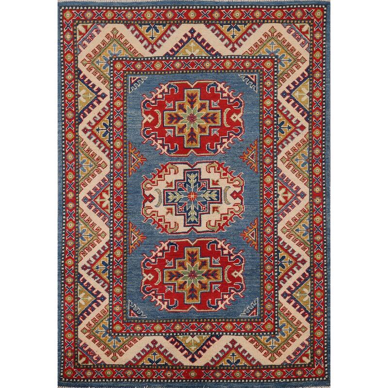 Blue Kazak Foyer Rug Hand-Knotted Traditional Wool Carpet - 3'5" x 4'9"