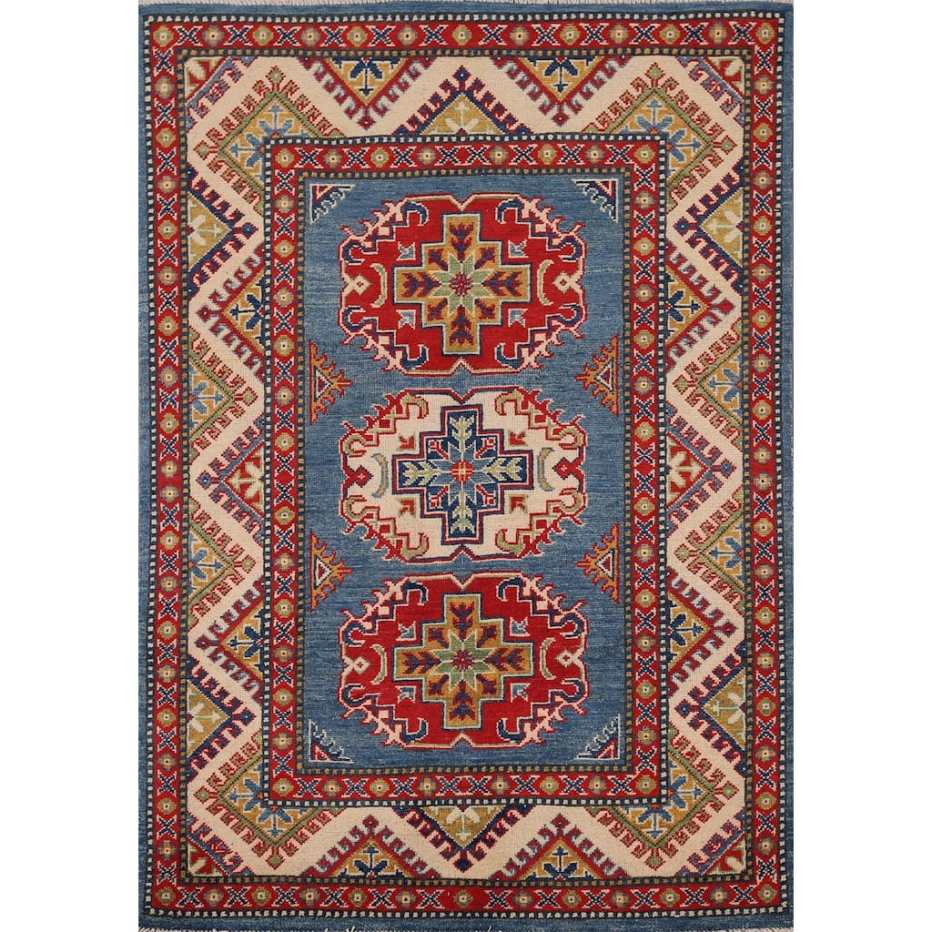 Blue Kazak Foyer Rug Hand-Knotted Traditional Wool Carpet - 3'5" x 4'9"