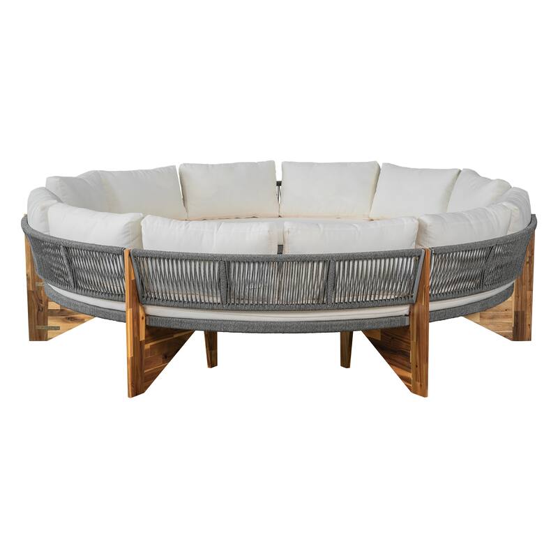 Outdoor 12-Seater Acacia Round Sectional Sofa Set with Coffee Table