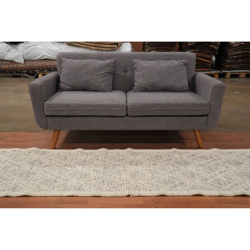 Hand Knotted Oriental 100% Wool Carpet Modern Geometric Beige & Ivories Modern Gotti Design Runner Rug - 9' 5'' X 2' 6''