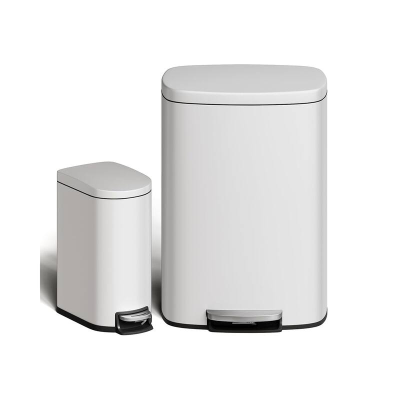 13.2 Gallon and 2.6 Gallon Stainless Steel Trash Can Combo Set with Removable Inner Drum for Kitchen, Bathroom, Office - White