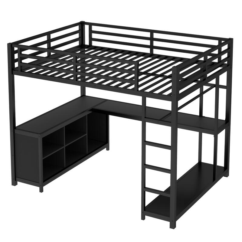 Roomfitters Full Size Metal Loft Bed with Wardrobe & L-Shaped Desk, Storage Cubes & Shelves, Space-Saving Design, Black