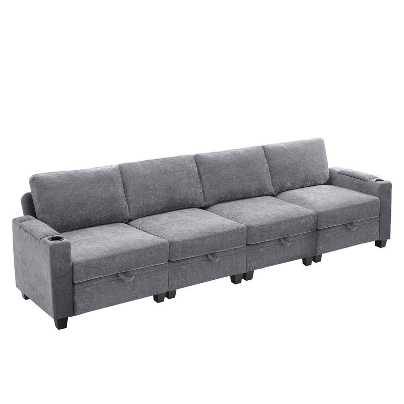 Chenille Sectional Sofa, Hidden Storage & Modular Design - 4-Seater Sofa - Pearl Light Grey