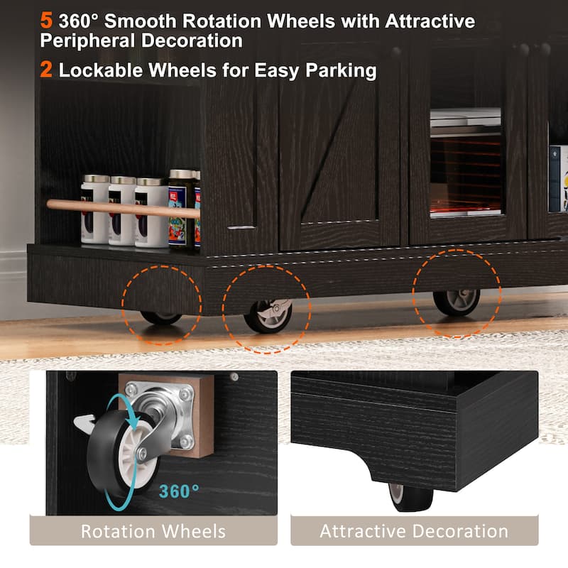 53'' Kitchen Island with Two Tempered Glass Cabinet Doors, Rolling Kitchen Cart on Wheels with Drop Leaf, Power Outlet