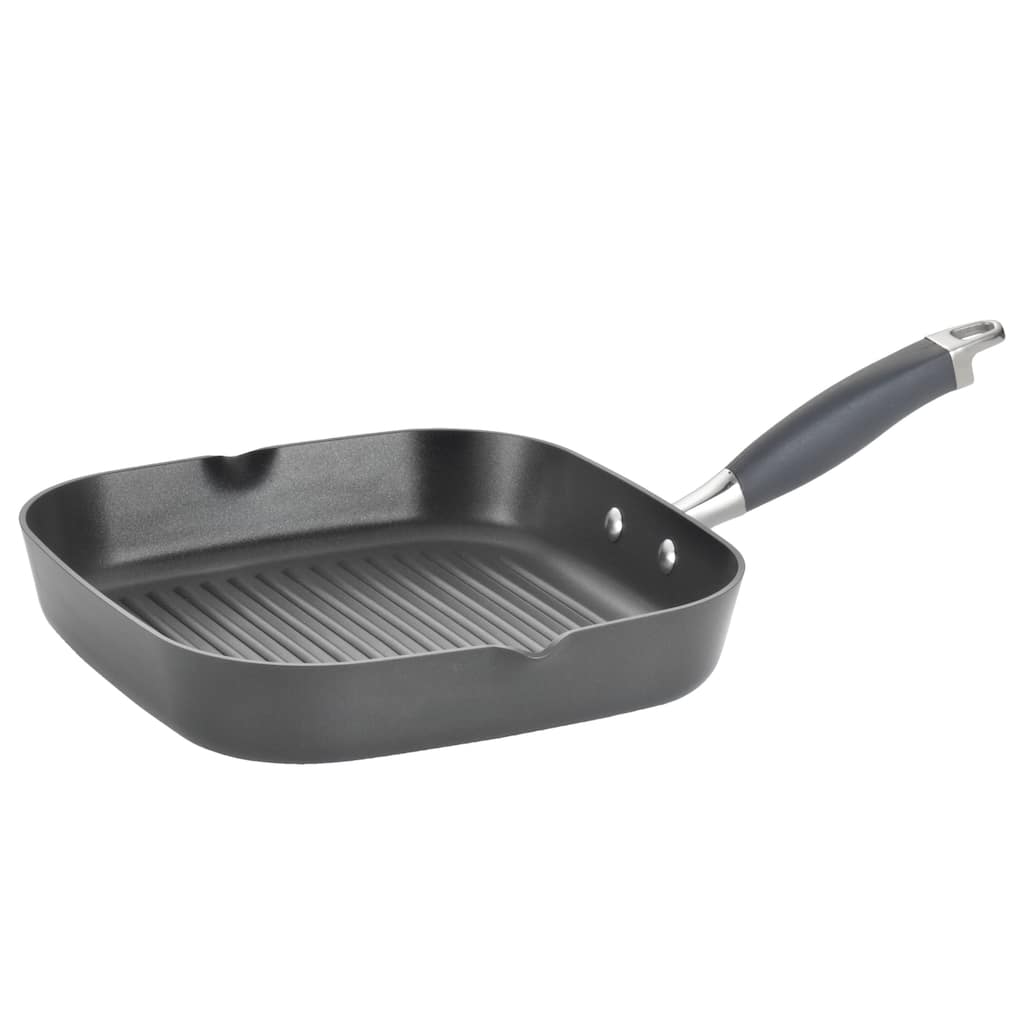 Anolon Advanced Hard Anodized Nonstick Deep Square Stovetop Grill Pan with Pour Spouts, 11-Inch, Gray