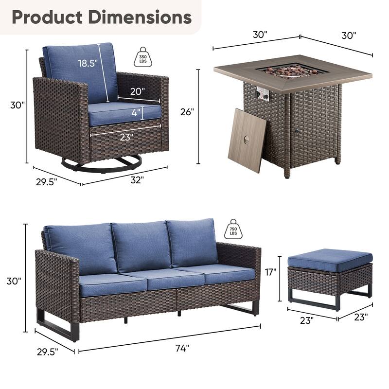 6 Pieces Fire Pit Table with Sofa Swivel Chair Ottoman Set