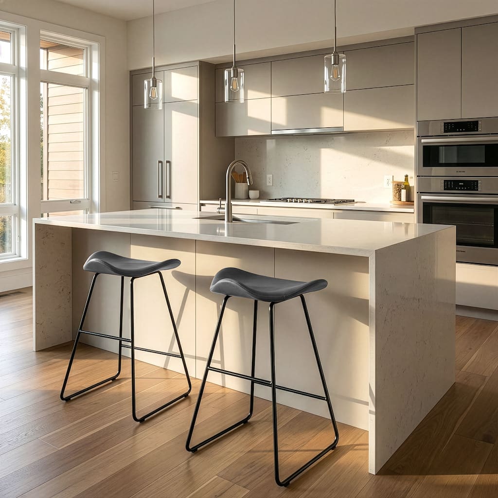 Set of 2 Aoi Grey Faux Leather Backless Counter Stool with Black Metal Legs