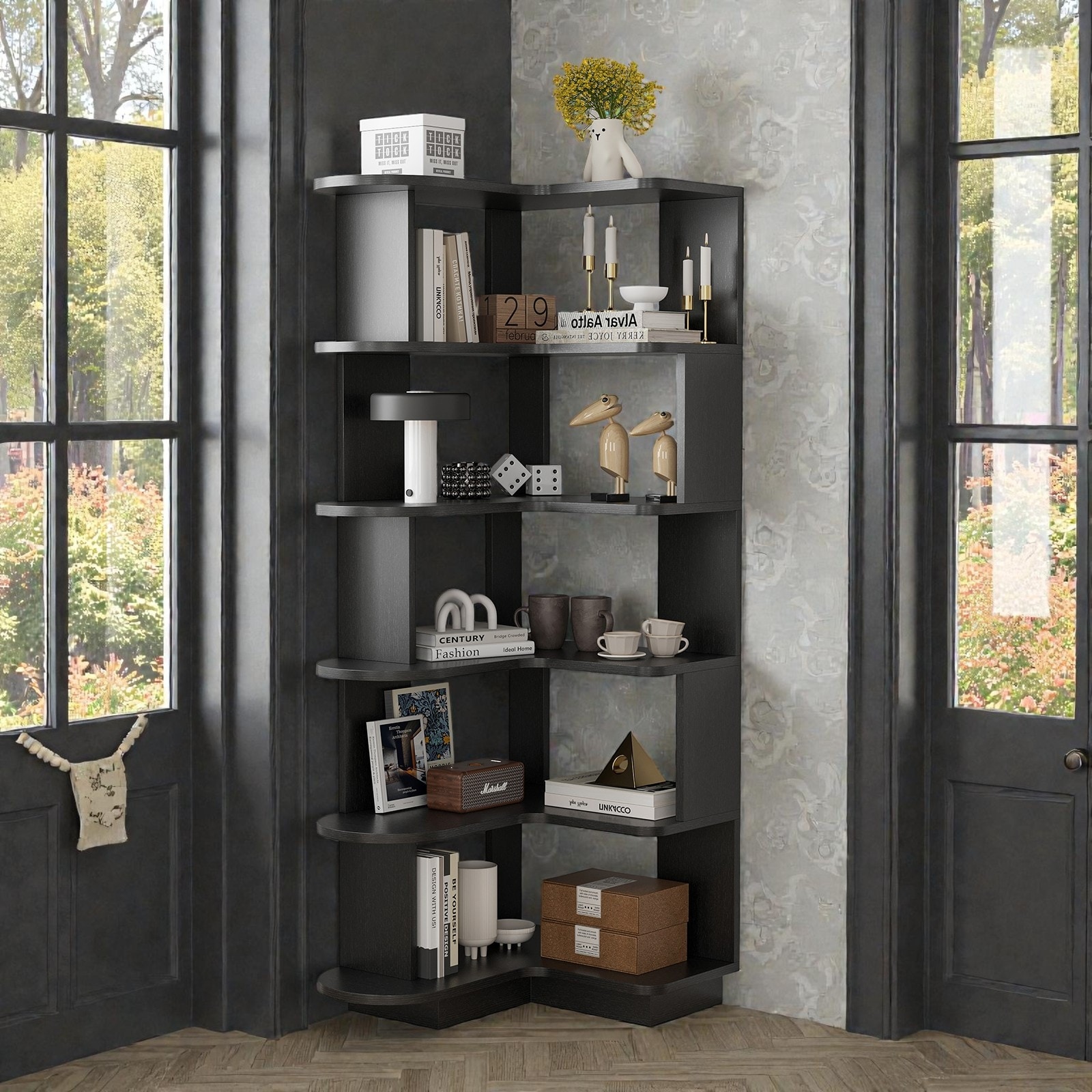 5-Tier Corner Bookshelf, L-Shaped Freestanding Bookcase with Open Shelves for Living Room, Office, Bedroom Storage & Display