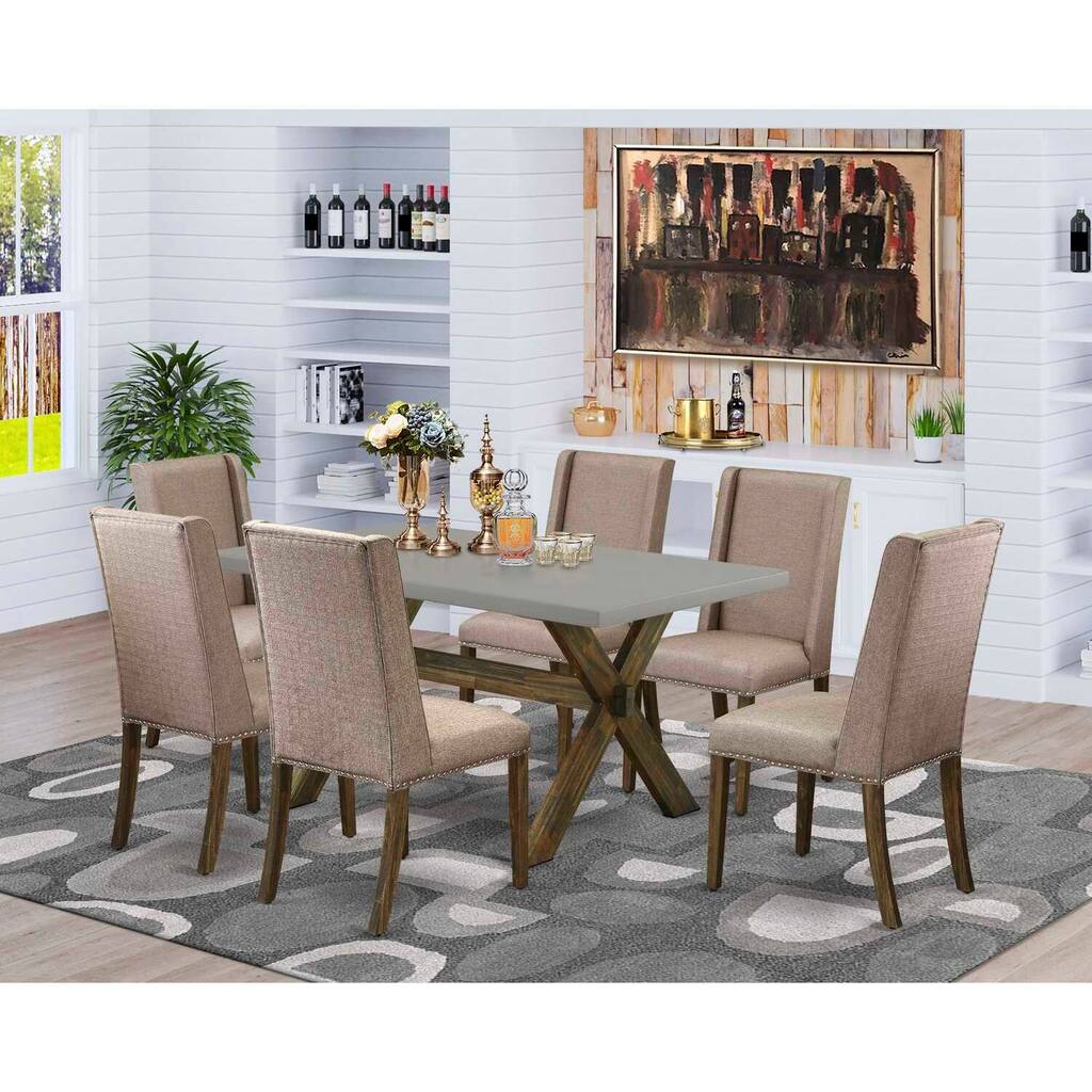 HomeStock 7-Pc Rectangle Natural Oak Finish Solid Wood Top Dining Table with 6-Chairs