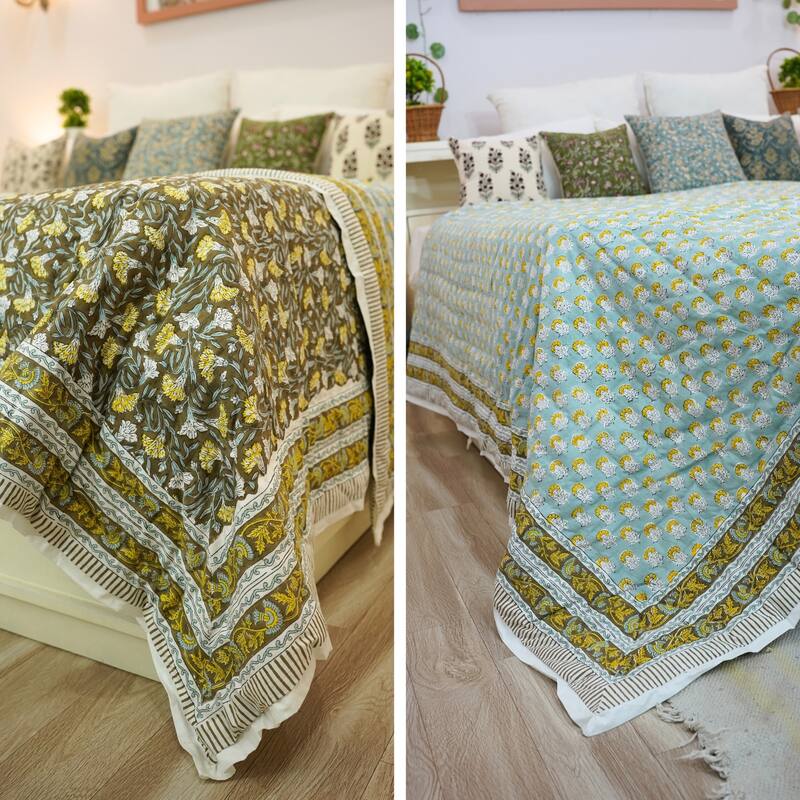 Fabdivine Hand Block Print Green Yellow Floral Organic Reversible Cotton Quilt - Natural Boho Decorative Bedding for Home Deco