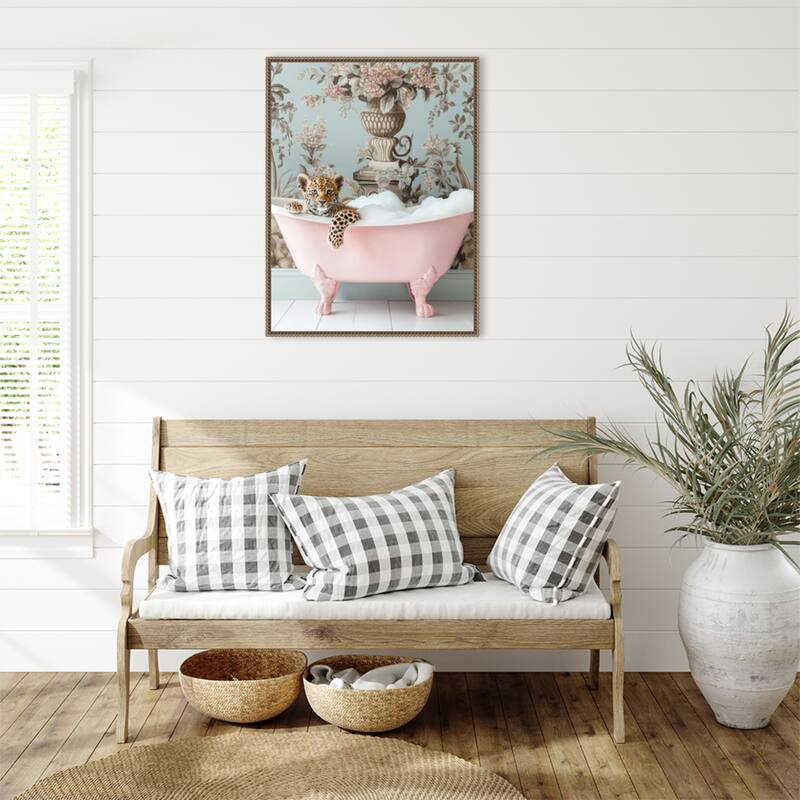 Leopard Pink Bubble Bath by Niky Rahner Framed Canvas Wall Art