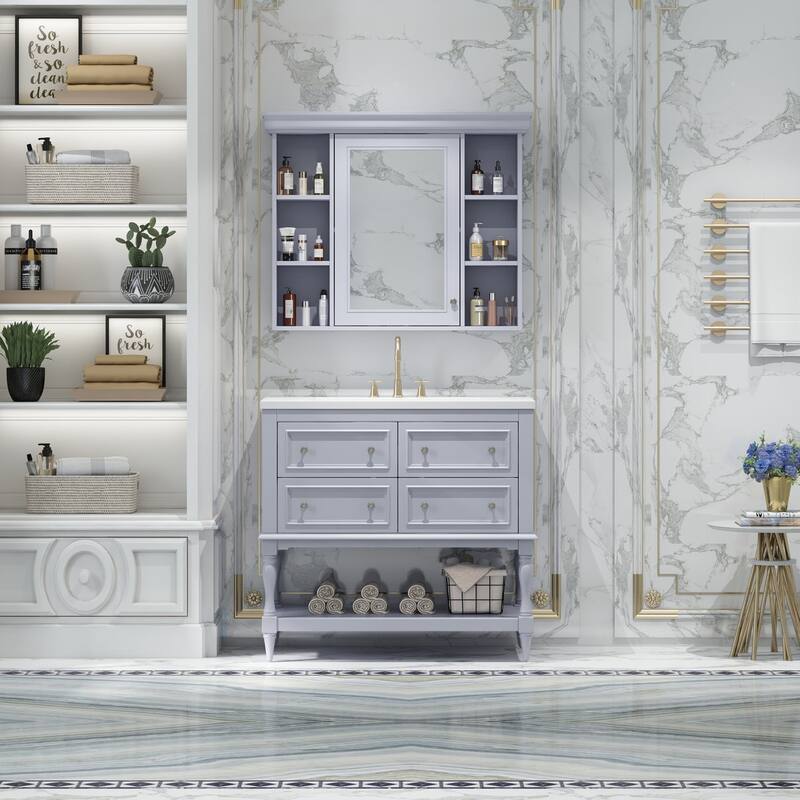 36 inch MDF Freestanding Bathroom Vanity Set with Integrated Resin Sink with Mirror cabinet