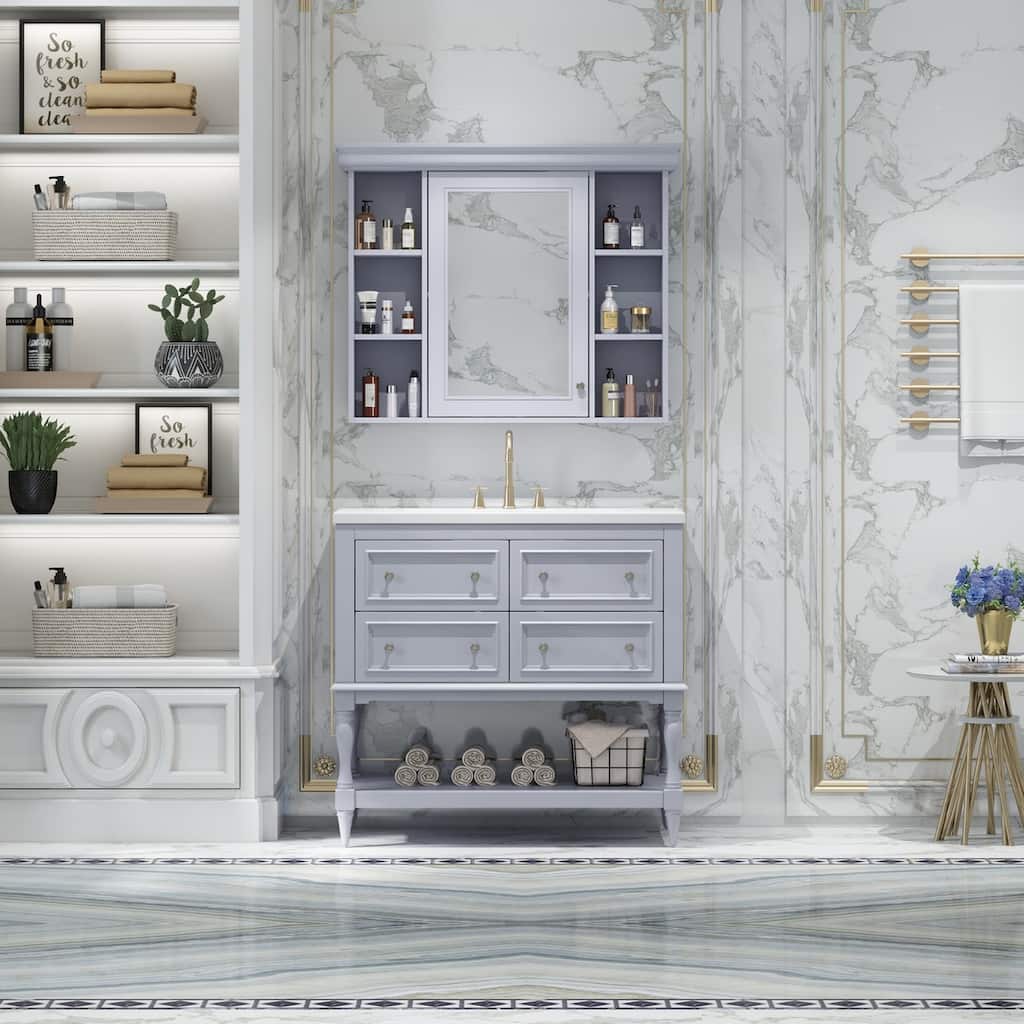36 inch MDF Freestanding Bathroom Vanity Set with Integrated Ceramic Sink with Mirror cabinet - 36'' x 18'' x 34''