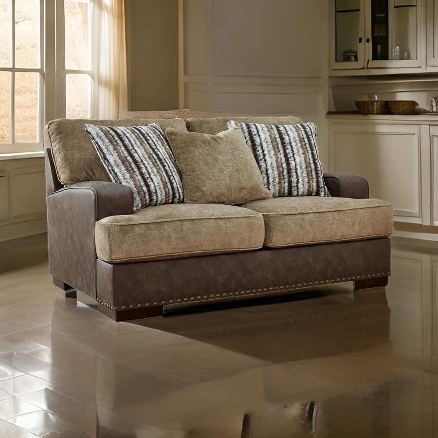 Srie 68 Inch Loveseat, Nailhead Trim, 3 Accent Pillows, Faux Leather, Brown