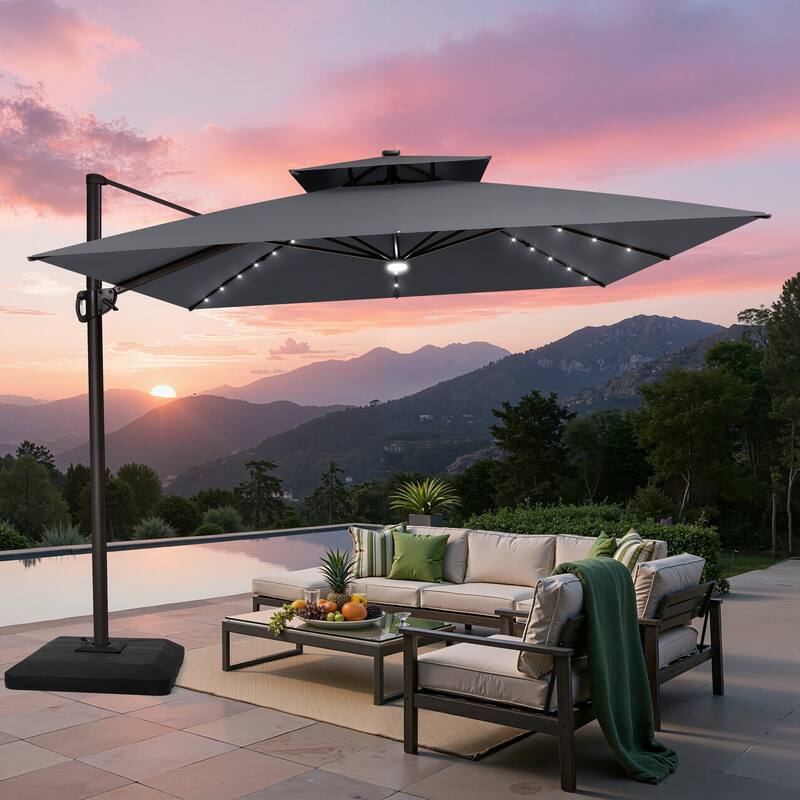 Outdoor Solar-Powered LED Light 11 FT Aluminum Cantilever Umbrella with Double Top and Base - Dark Grey