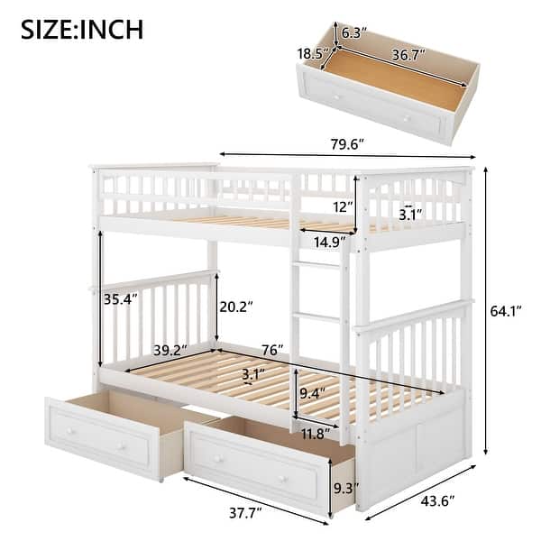 dimension image slide 0 of 4, Solid Pine Convertible Bunk Bed with 2 Drawers, Fence Guardrail