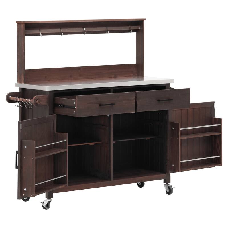 54.1" Outdoor Kitchen Island,Outdoor Grill Cart on Wheels, Potting Bench Table with Stainless Steel Top and Storage Cabinet