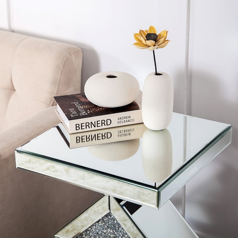 Modern Mirrored Glass Top End Table with Crushed Diamond