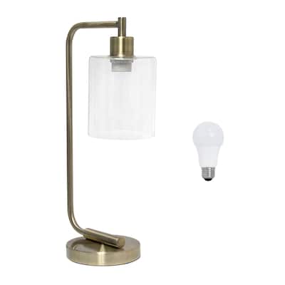 Simple Designs 18.8" Iron Lantern Desk Table Lamp with Glass Shade, Antique Brass, With LED Bulb