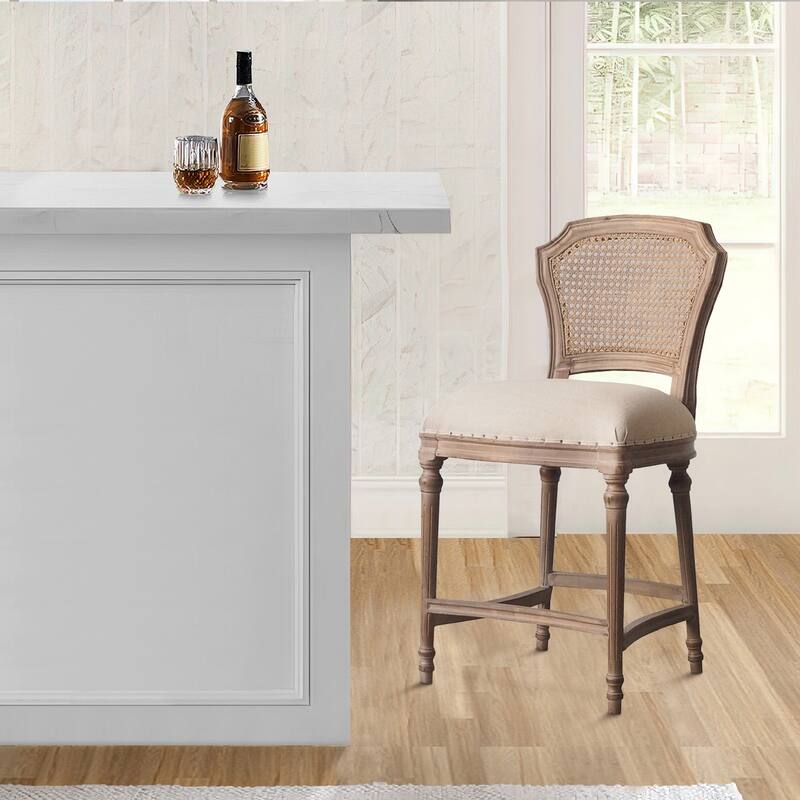 Upholstered Bar Stool with Beige and Brown Nailhead Trim, Padded Seat and Oak Frame, Comfortable Counter Seating