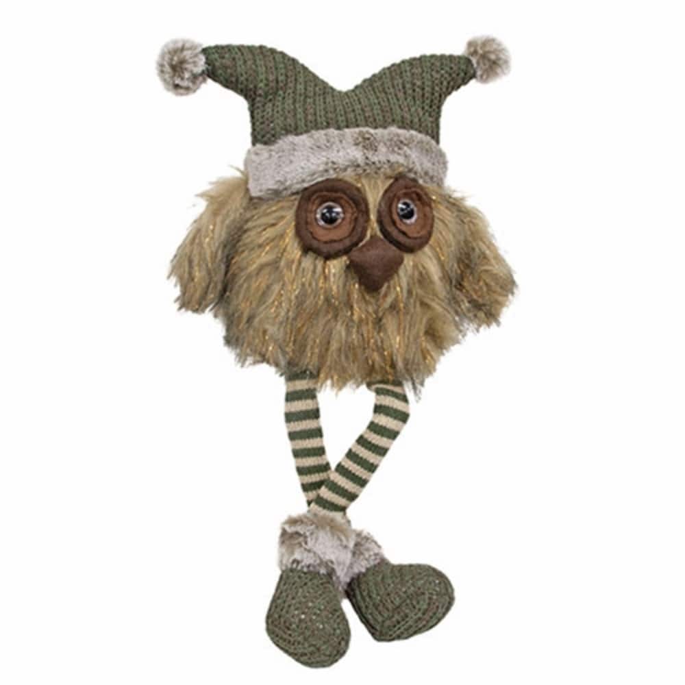 Dangle Leg Fur Owl with Green Knit Hat Plush Christmas Decor Freestanding Holiday Figurine - 21" H