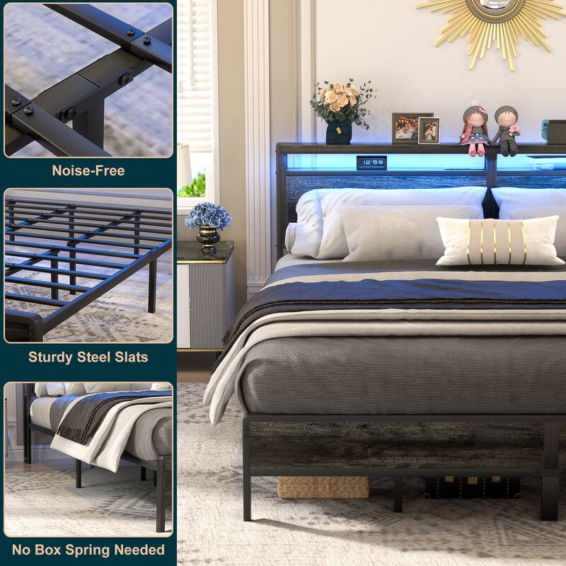 Farmhouse Wood Platform Bed Frame with Charged Station and LED Lights