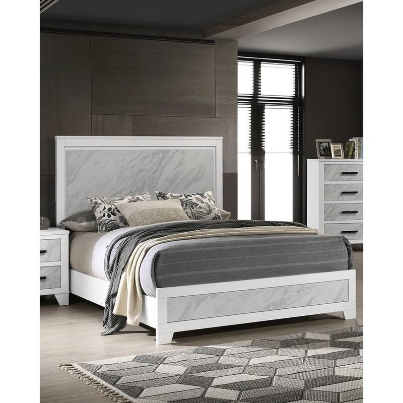 Contemporary White Full Size Bed with Faux Marble Headboard, Rubberwood Furniture