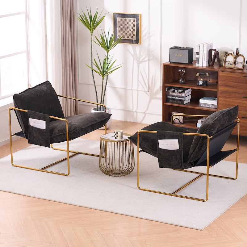 Dark Gray+Gold Modern 30.7" Arm Chair with Metal Frame and Gold-Plated Craftsmanship for Living Room (Set of 2)