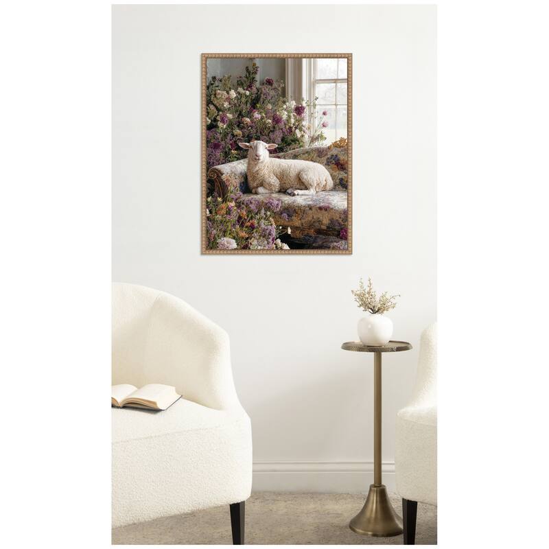 Kate and Laurel Cute Sheep in Romantic Flowers by Michael Schauer Framed Canvas Wall Art Print
