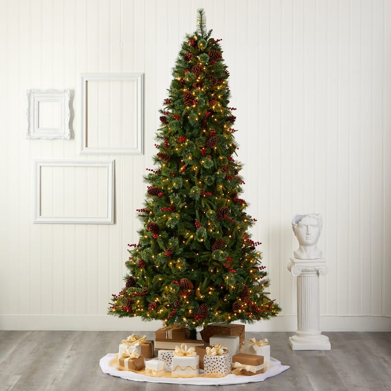 9ft Artificial Christmas Tree with Lights - Holiday Decor, Pine Cones & Berries, Festive Tree for Home - Green - 108