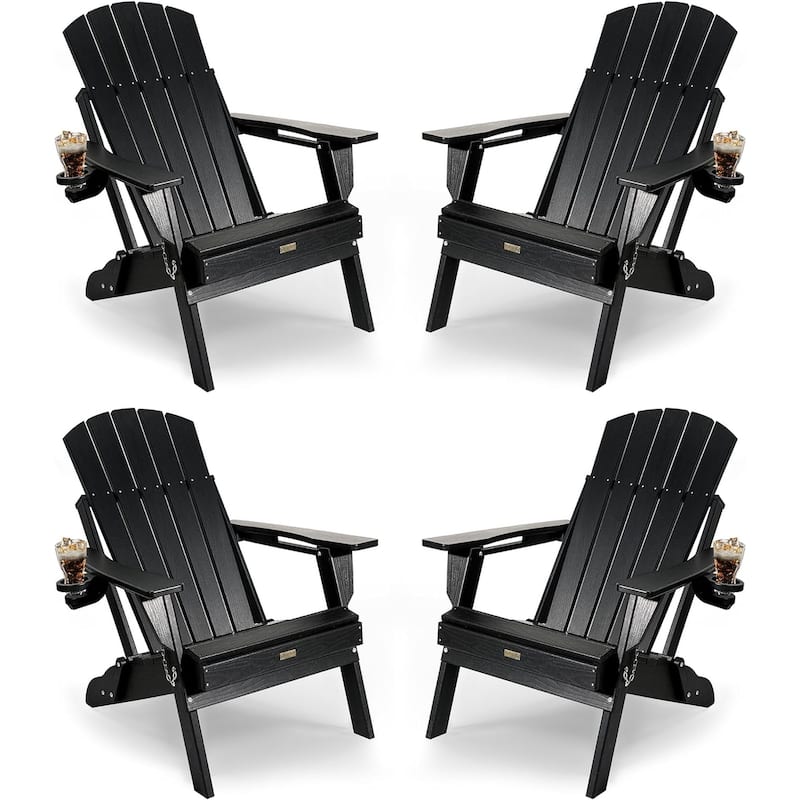 WINSOON All Weather HDPE Outdoor Folding Adirondack Chair With Cup Holder - Black x4