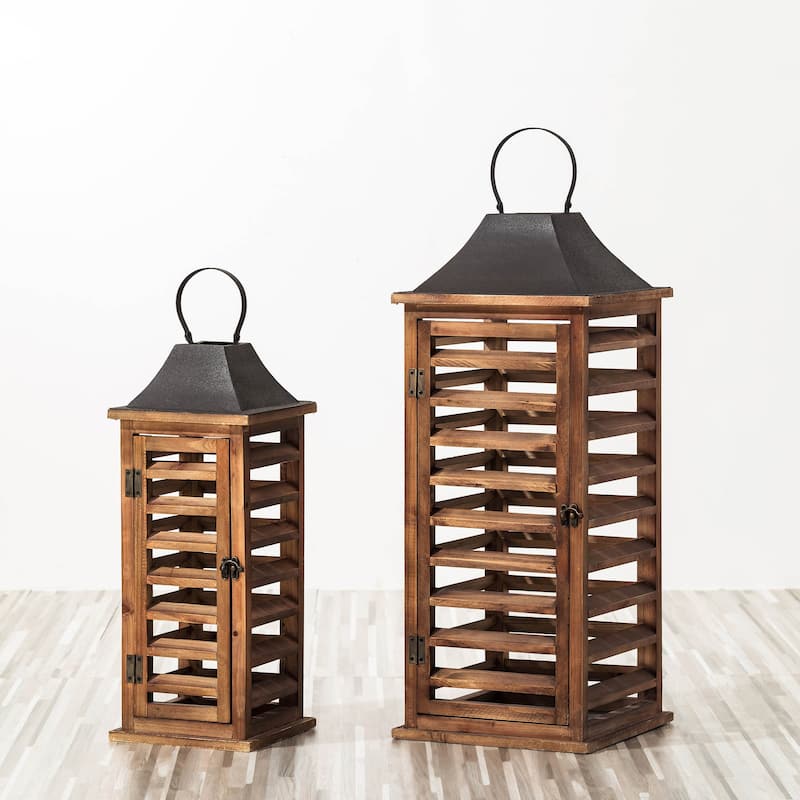 Glitzhome Set of 2 Modern Wooden Shutter Floor Candle Lanterns Fall Wedding Decor