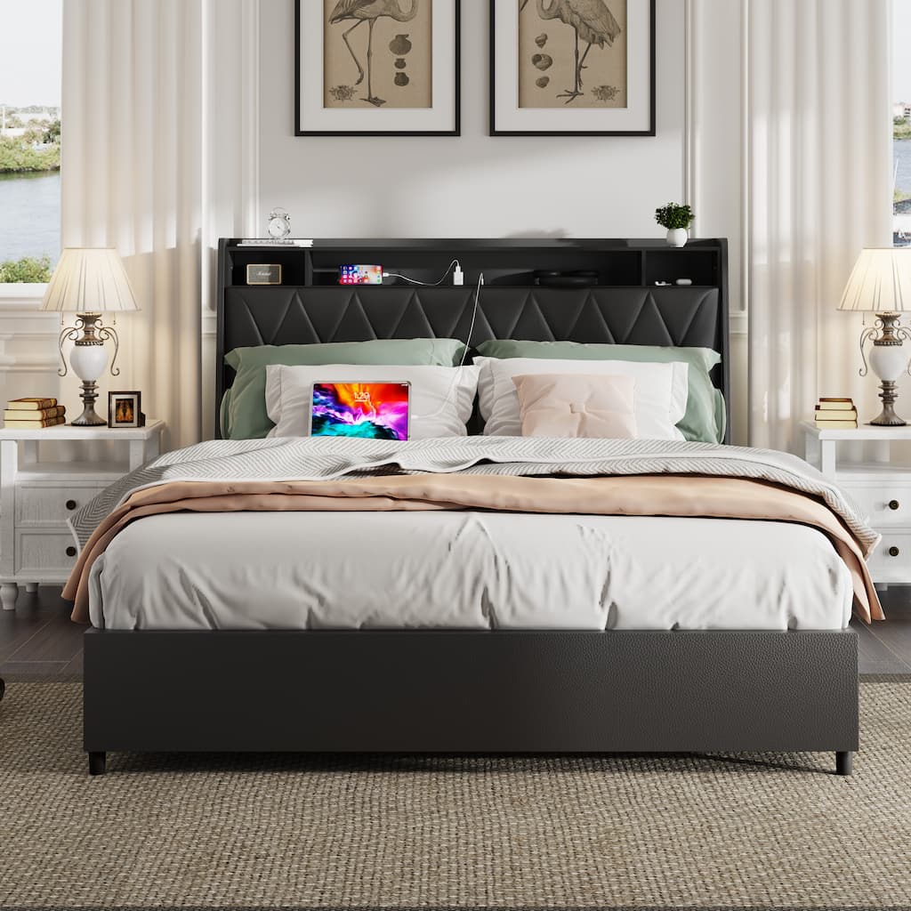 Queen Bed Frame with Ergonomic Headboard, Platform Bed Frame with Outlets & Charger, Metal Bed Frame with Storage Shelf